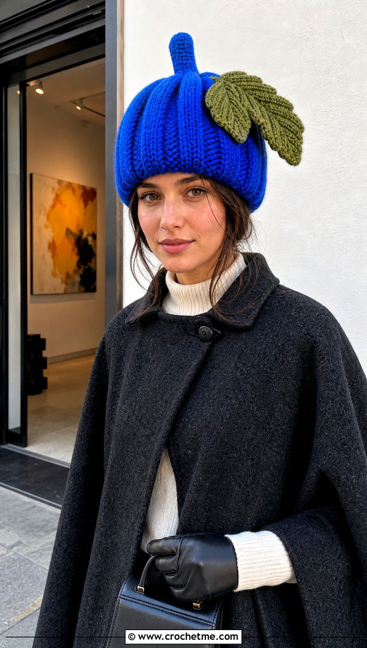Oversized Leaf Crochet Pumpkin Beanie With Wool Cape - 30 crochet pumpkin beanie outfit ideas