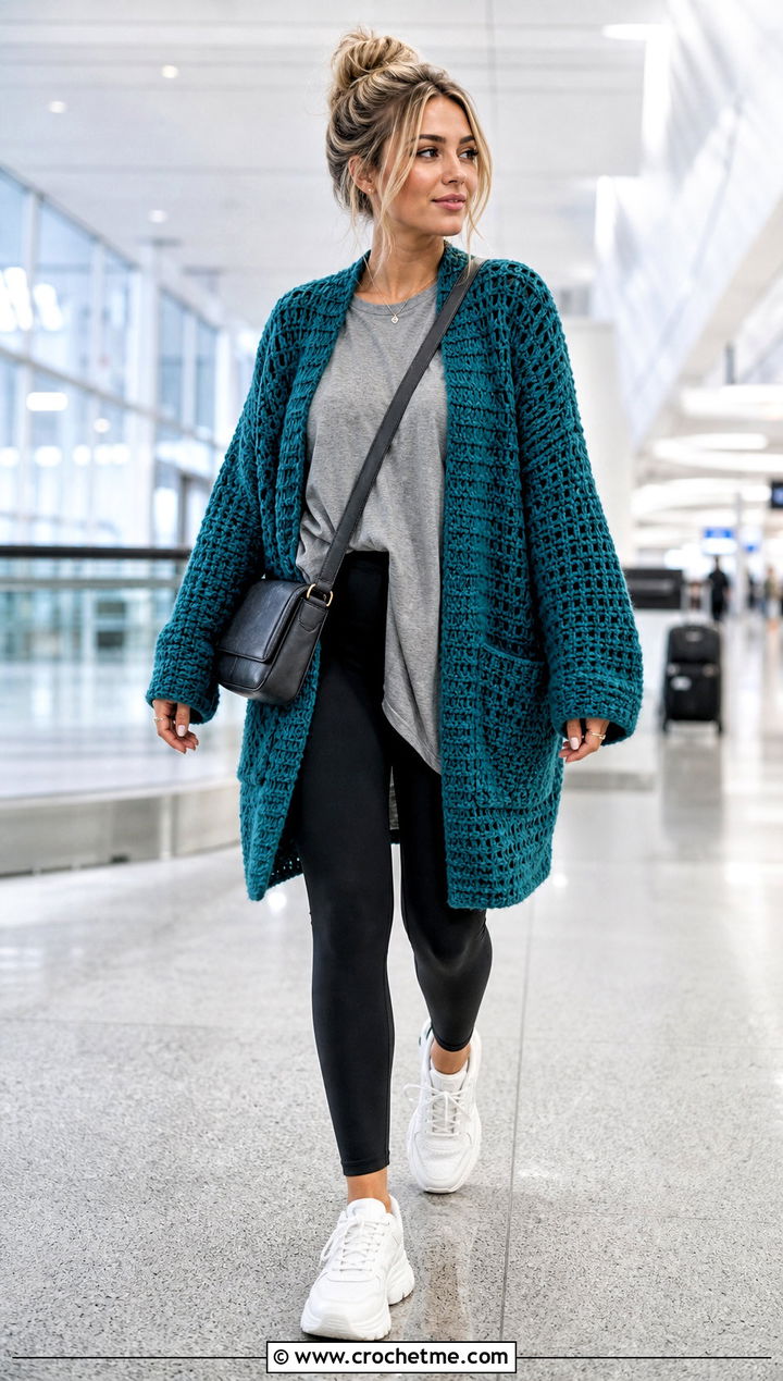 Oversized Lightly Toasted Crochet Cardigan With Leggings - 30 lightly toasted crochet cardigan outfit ideas