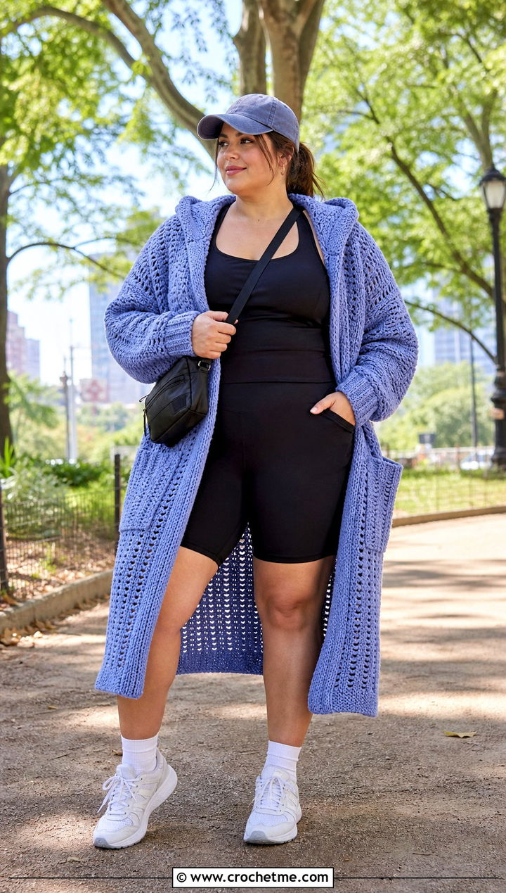 Oversized Long Hooded Cardigan With Bike Shorts - 25 crochet long hooded cardigan outfit ideas