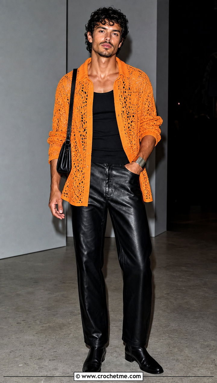 Oversized Long Sleeve Crochet Shirt With Leather Pants - 35 crochet man shirt outfit ideas