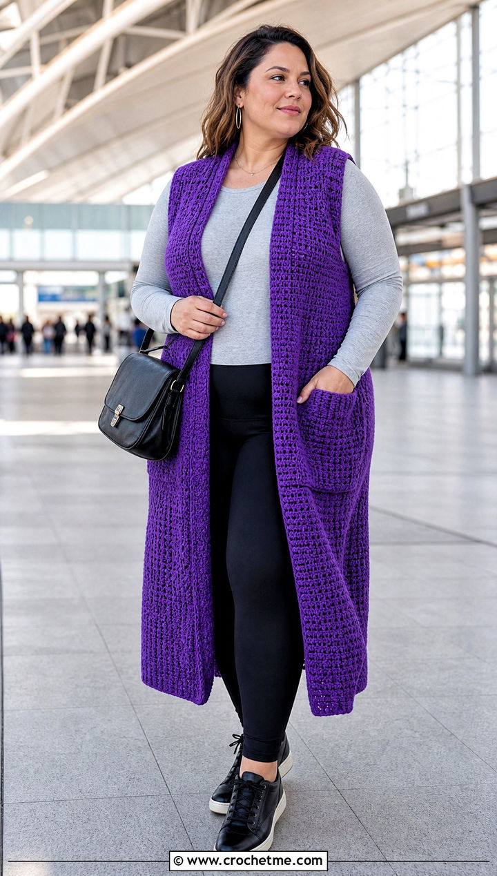 Oversized Longline Crochet Vest With Leggings - 30 oversize crochet vest outfit ideas