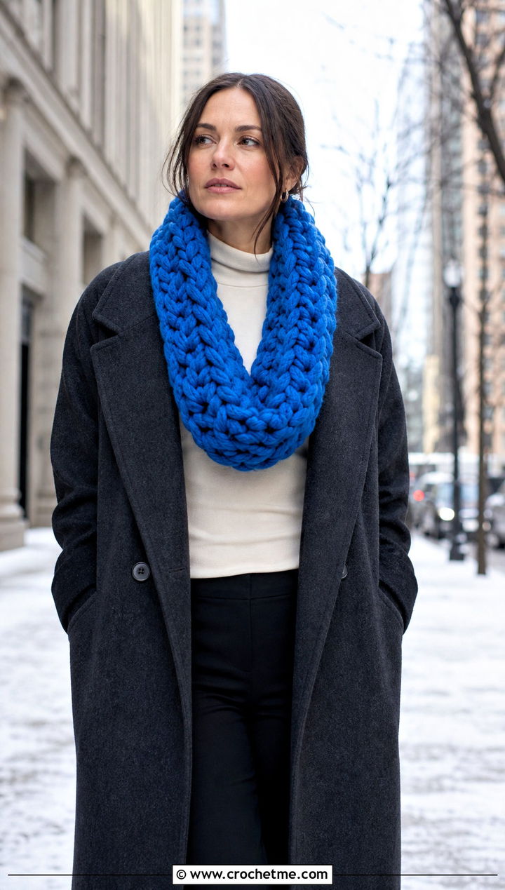 Oversized Loop Crochet Chunky Cowl With Maxi Coat - 30 crochet chunky cowl outfit ideas