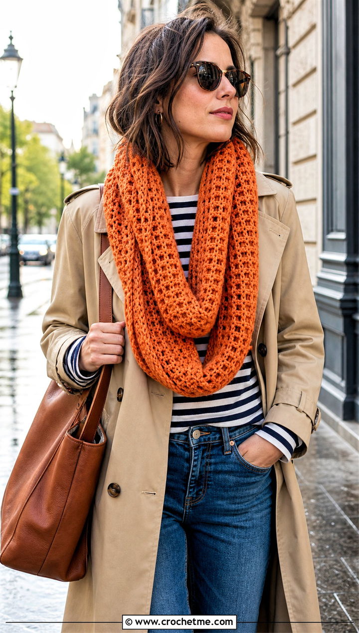 Oversized Loop Crochet Snood Scarf With Trench Coat - 25 snood crochet scarf outfit ideas