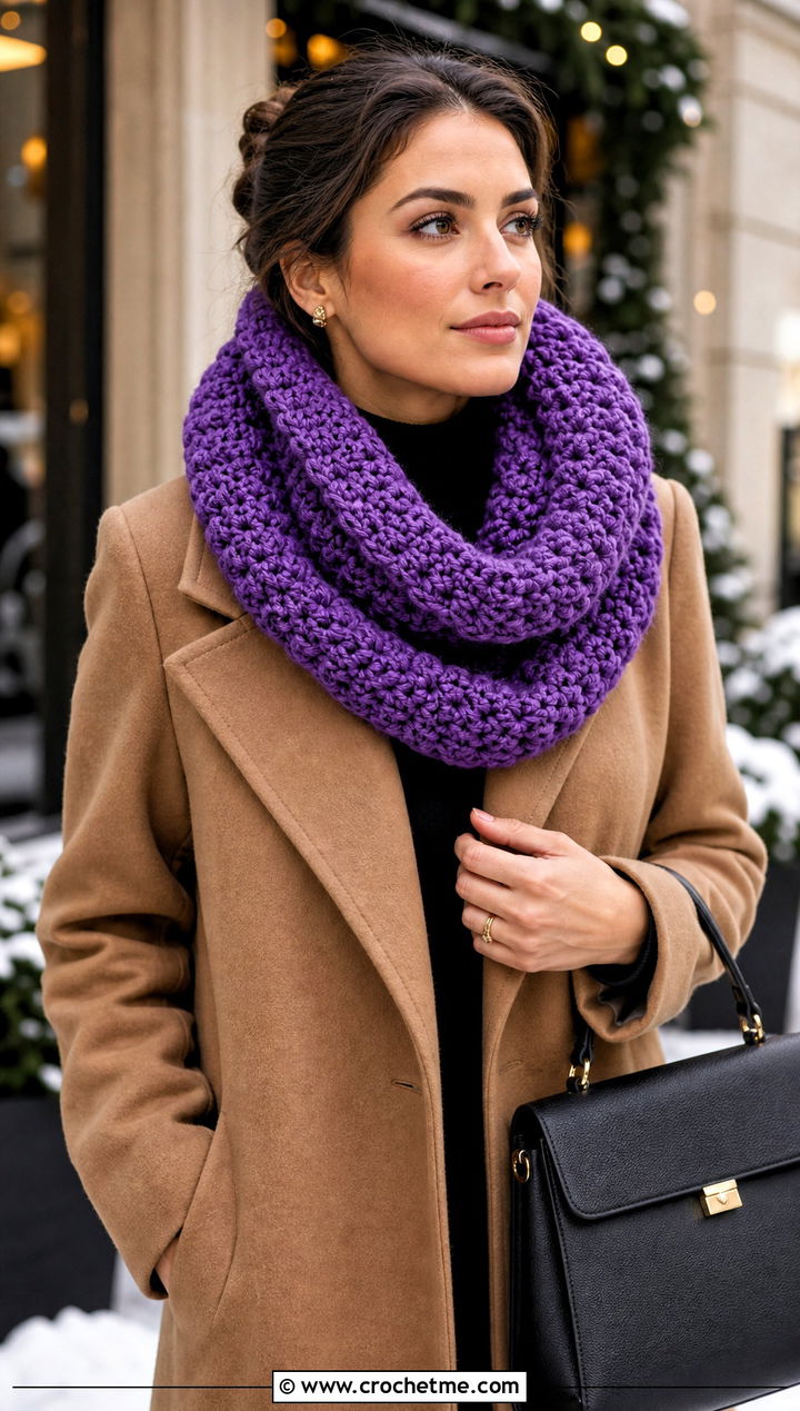 Oversized Loop Moss Stitch Crochet Cowl With Wool Coat - 15 Moss Stitch Crochet Cowl outfit ideas