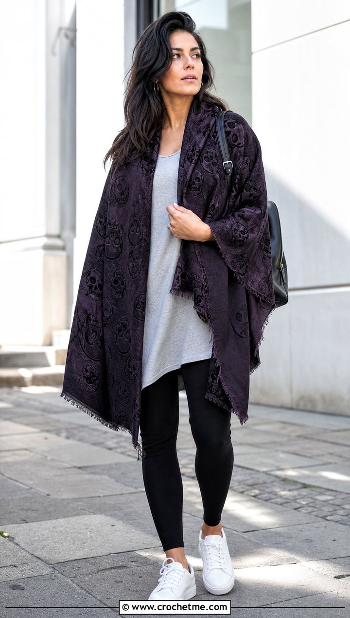 Oversized Lost Souls Shawl With Leggings And Sneakers - 35 crochet lost souls shawl outfit ideas