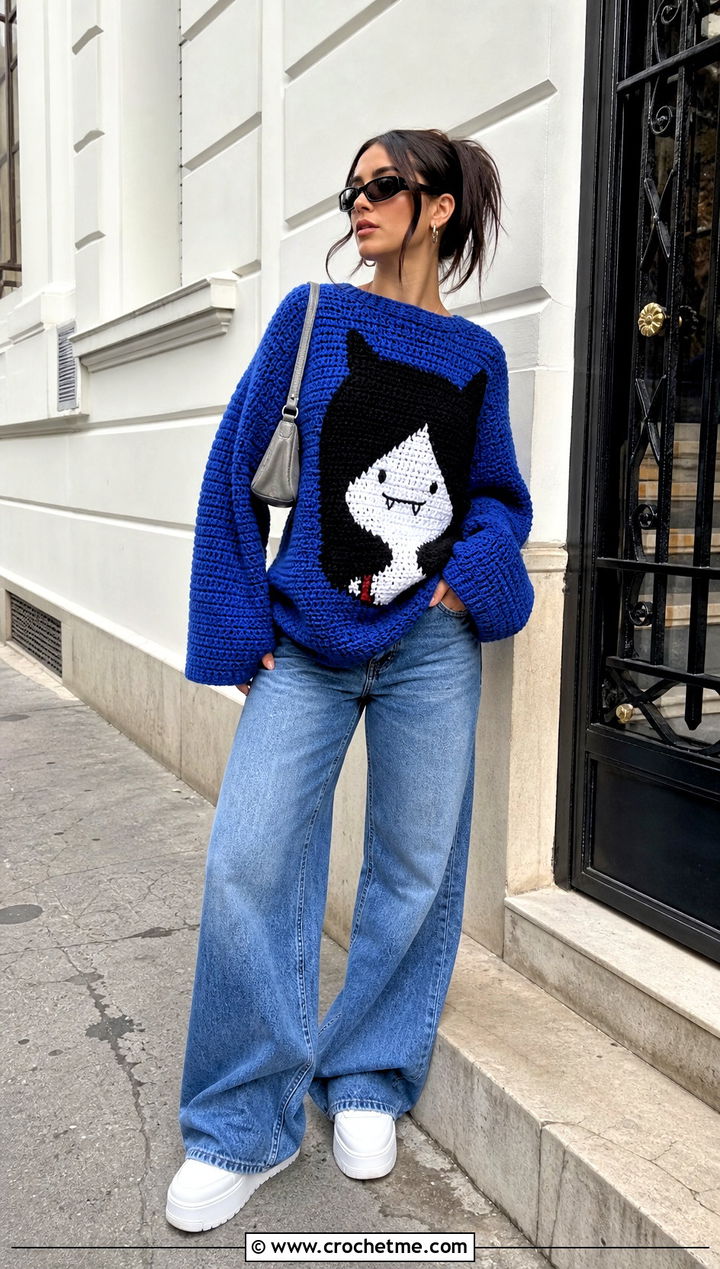 Oversized Marceline Cat Sweater With Wide Leg Jeans - 30 crochet marceline sweater outfit ideas