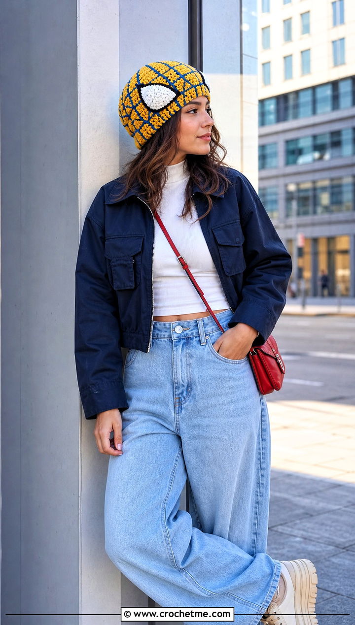 Oversized Mayday Crochet Beanie With Wide Leg Jeans - 30 mayday crochet beanie outfit ideas