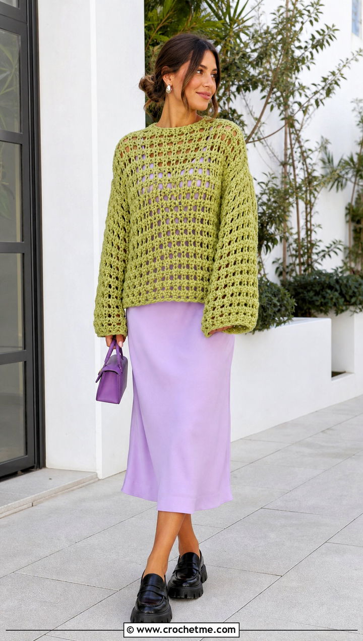 Oversized Mesh Chunky Crochet Sweater With a Midi Dress - 25 Chunky Crochet Sweaters outfit ideas