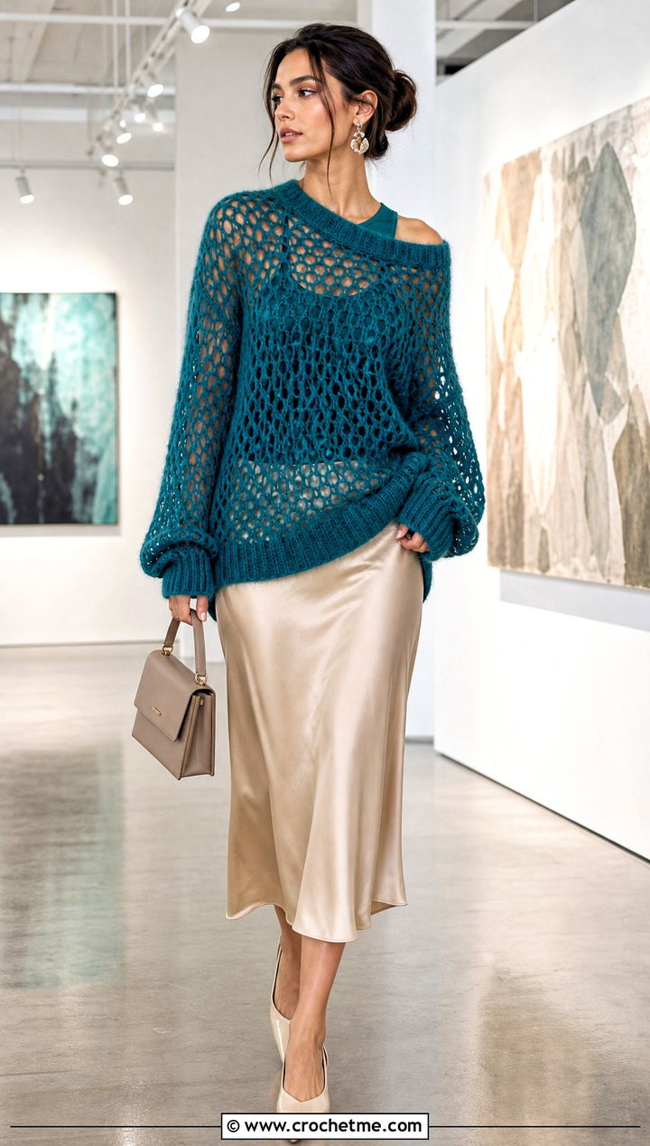 Oversized Mesh Crochet Cashmere Sweater With Satin Midi Skirt - 30 crochet cashmere sweater outfit ideas