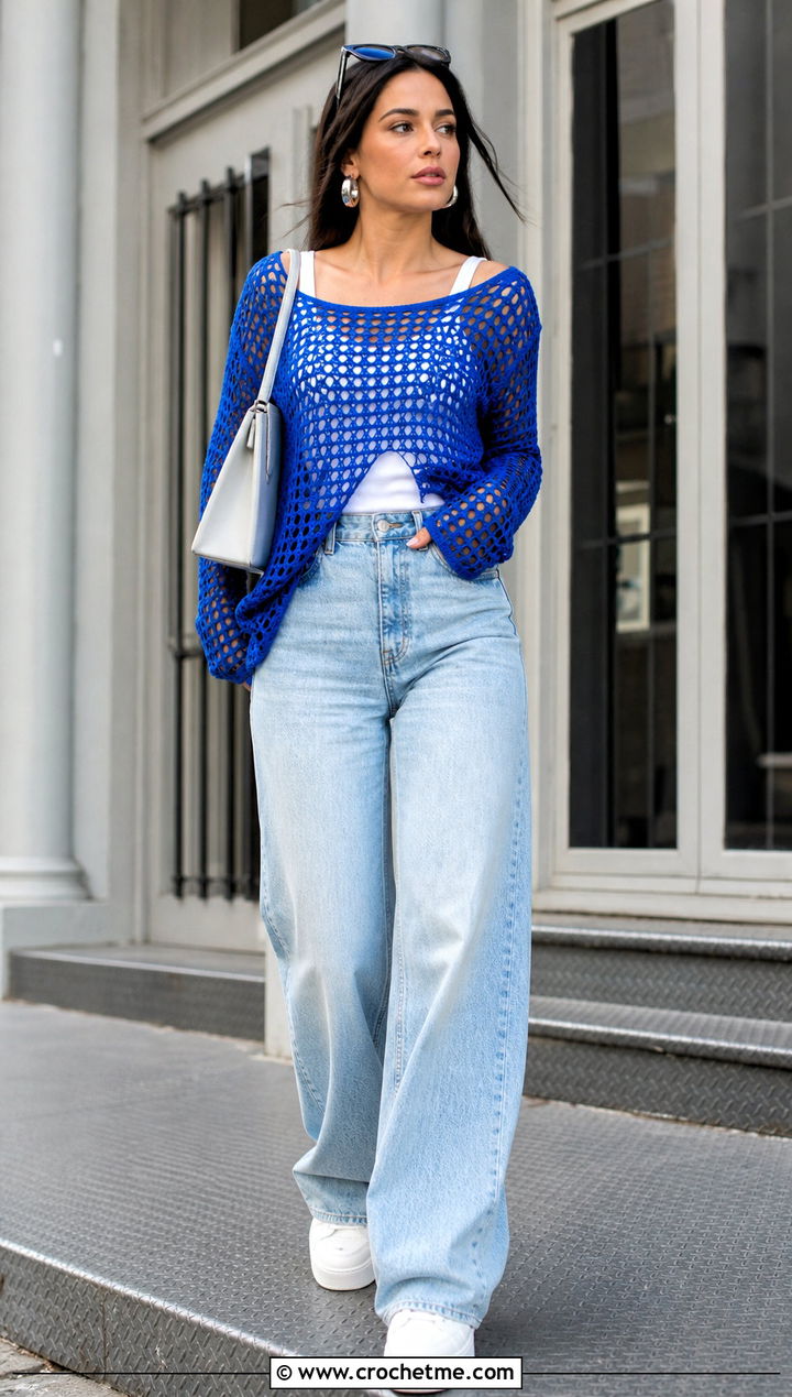 Oversized Mesh Crochet Pullover With Wide Leg Jeans - 15 crochet for ladies pull over sweaters outfit ideas