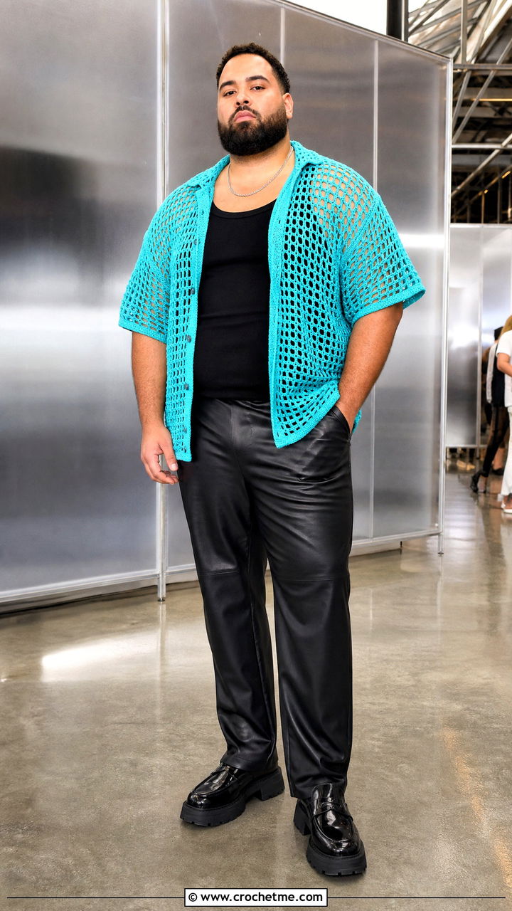 Oversized Mesh Crochet Shirt With Leather Trousers - 35 crochet shirt men outfit ideas