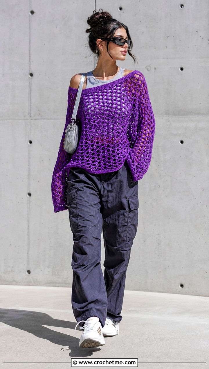 Oversized Mesh Crochet Summer Jumper With Cargo Pants - 20 Crochet Summer Jumper outfit ideas