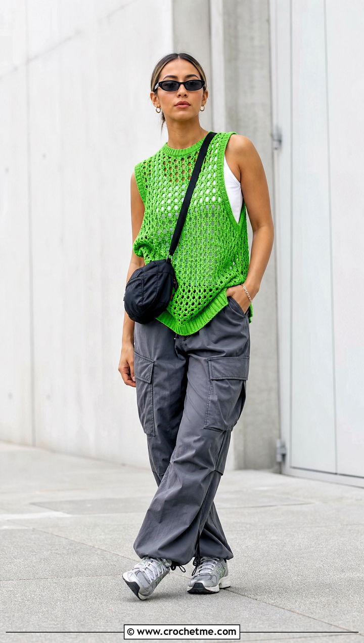 Oversized Mesh Crochet Sweater Vest With Cargo Pants - 25 diy crochet sweater vest outfit ideas