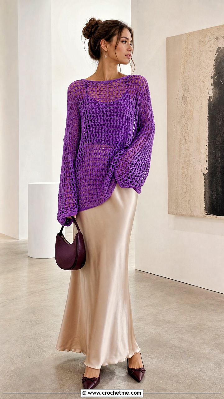 Oversized Mesh Crochet Sweater With Slip Skirt - 35 crochet sweater ideas
