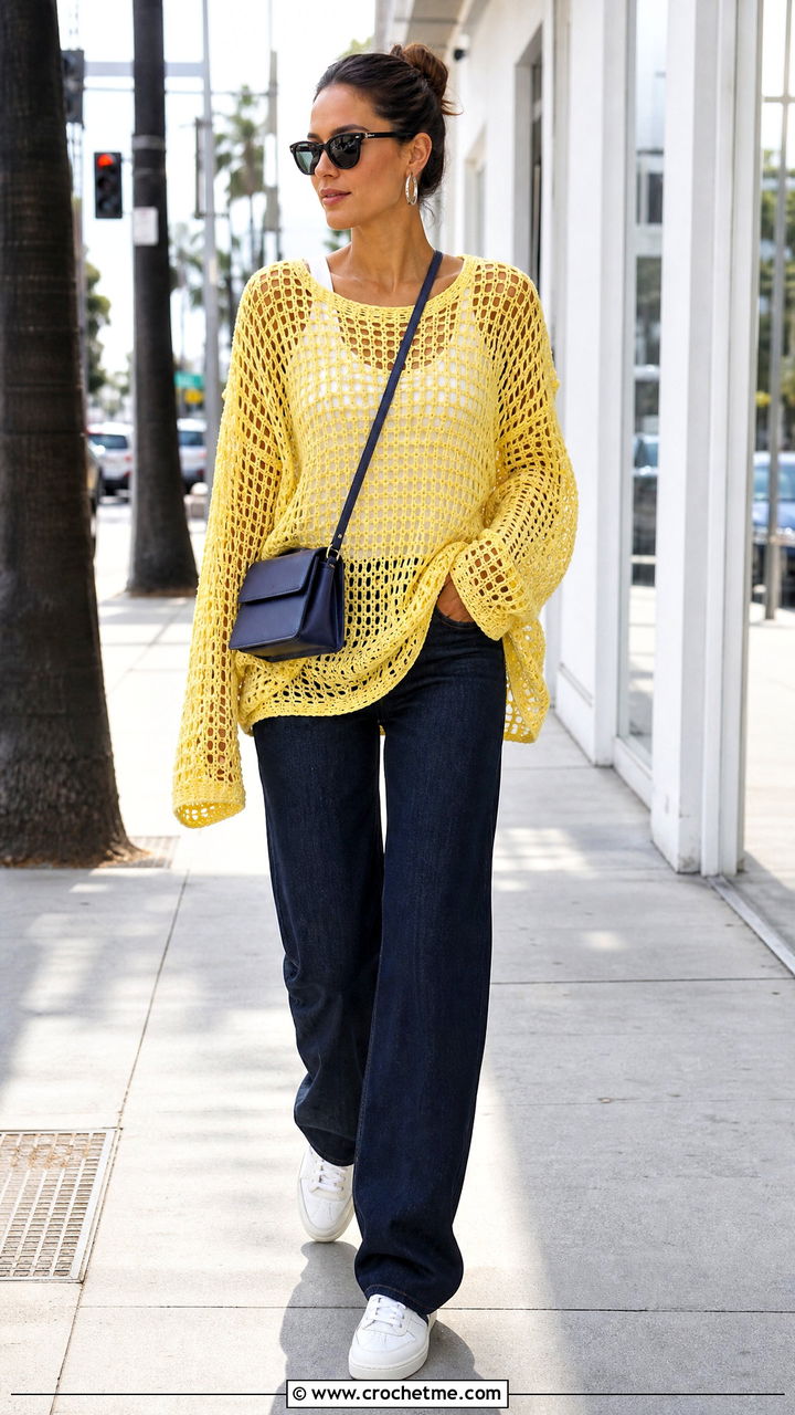 Oversized Mesh Crochet Sweater With Straight Leg Jeans - 35 crochet loose sweater outfit ideas
