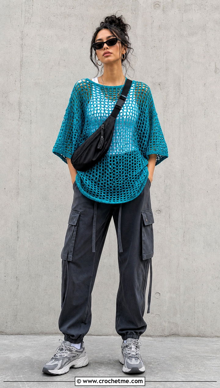 Oversized Mesh Crochet T Shirt With Cargo Pants - 35 crochet t shirt outfit ideas
