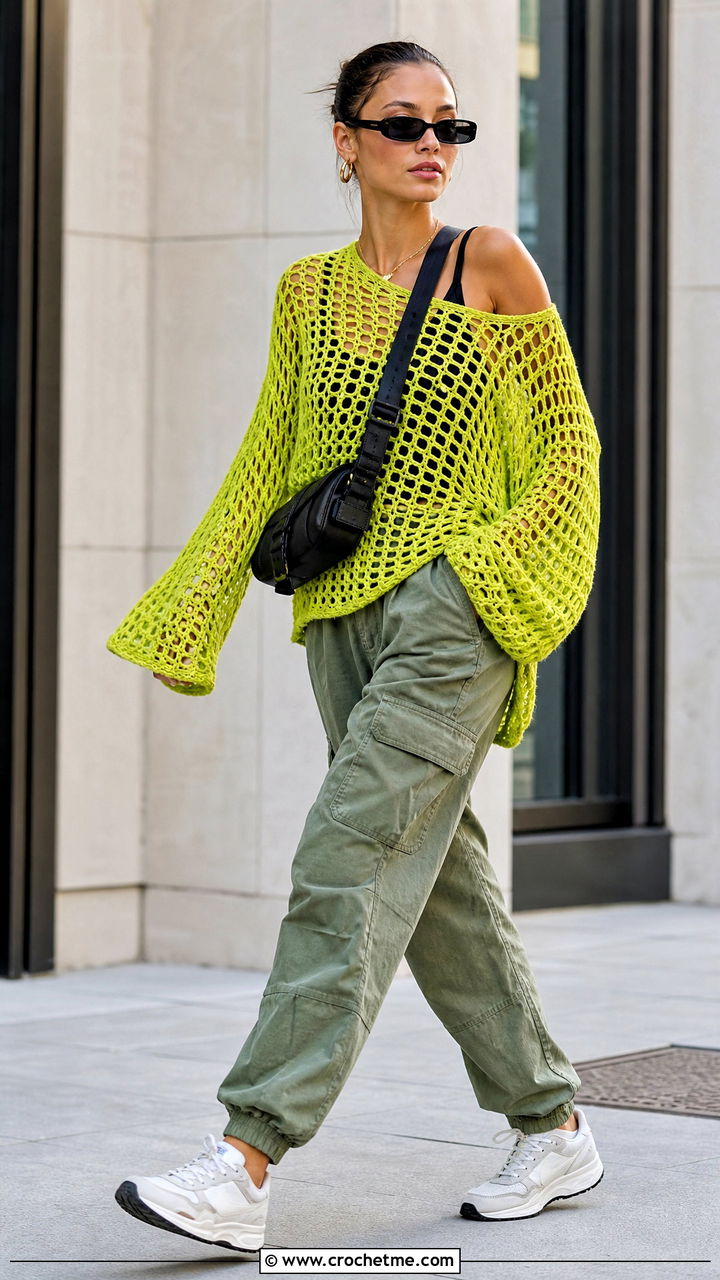 Oversized Mesh Crochet Top With Cargo Pants - 35 mesh crochet top outfit ideas