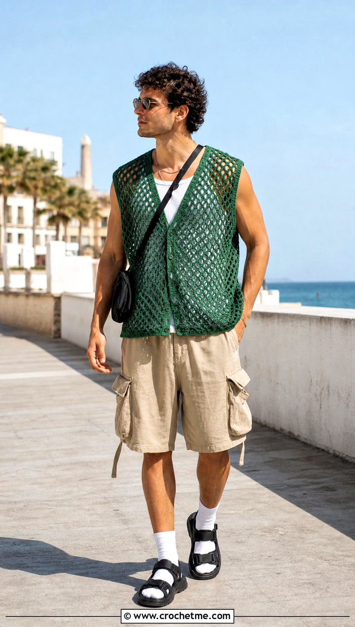 Oversized Mesh Crochet Vest With Cargo Shorts - 30 men's crochet vest outfit ideas