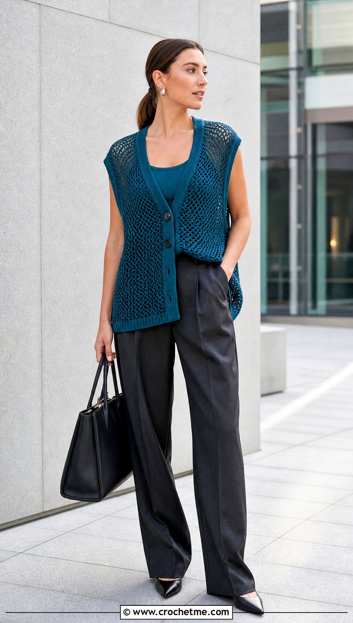 Oversized Mesh Crochet Vest With Tailored Trousers - 30 oversize crochet vest outfit ideas