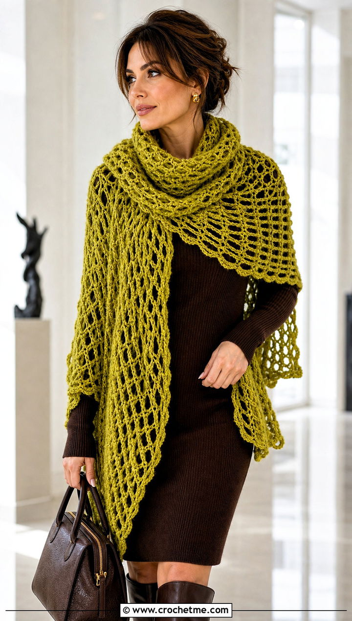 Oversized Mesh Crochet Wrap Scarf With Knit Dress - 25 Mesh Crochet Scarf outfit ideas