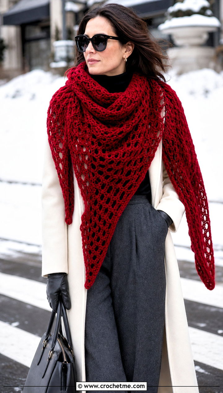 Oversized Mesh Triangle Shawl With Winter Layers - 30 Crochet Mesh Triangle Shawl outfit ideas
