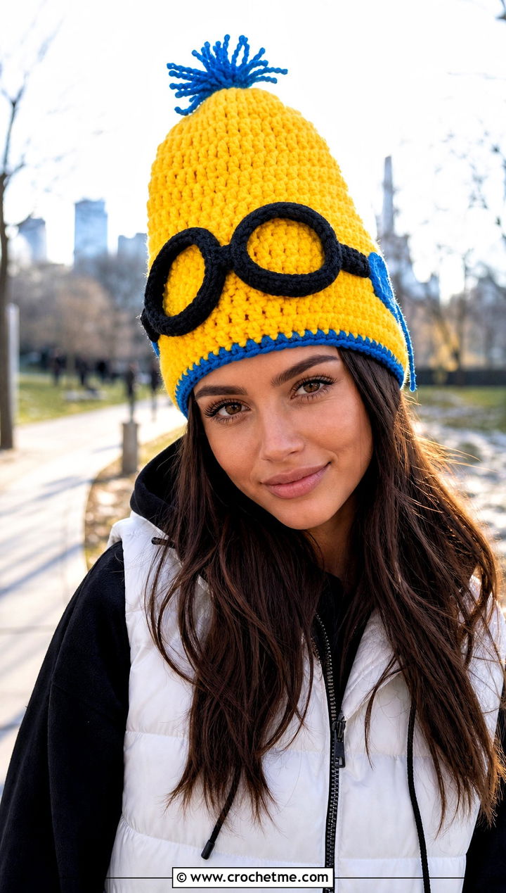 Oversized Minion Crochet Beanie With Hoodie - 25 minion crochet beanie outfit ideas
