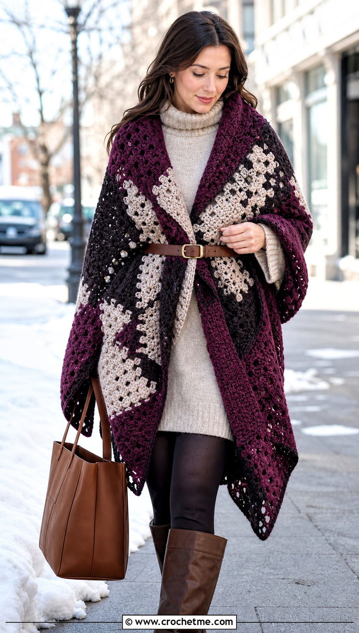 Oversized Mosaic Crochet Blanket Shawl With Sweater Dress - 30 mosaic crochet shawl outfit ideas
