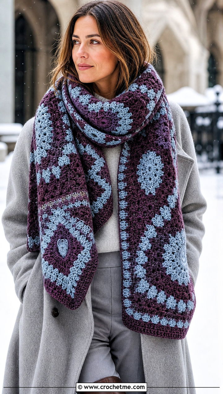 Oversized Mosaic Crochet Scarf With Wool Coat - 25 Mosaic Crochet Scarf outfit ideas