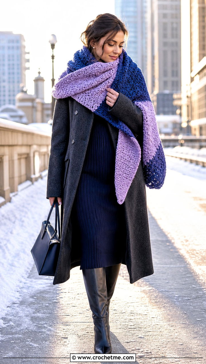 Oversized Moss Stitch Blanket Scarf With Wool Coat And Knit Dress - 35 crochet moss stitch scarf outfit ideas