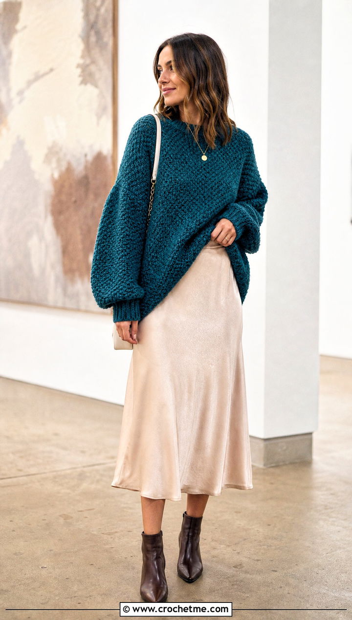 Oversized Moss Stitch Crochet Sweater With Satin Midi Skirt - 25 Moss Stitch Crochet Sweater outfit ideas