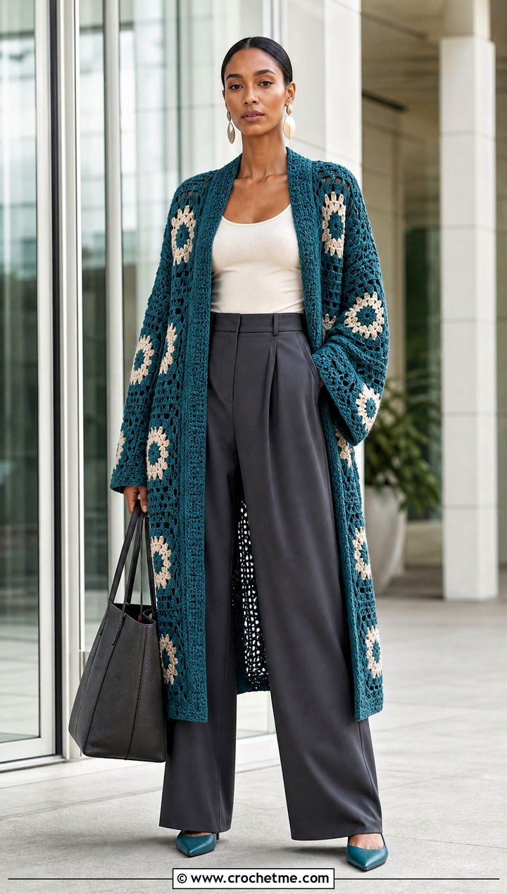 Oversized Motif Granny Square Duster With Wide Leg Trousers - 25 Crochet Granny Square Duster outfit ideas