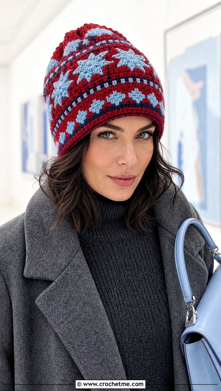 Oversized Multi Motif Fair Isle Crochet Beanie With Sweater Dress - 15 Fair Isle Crochet Beanie outfit ideas