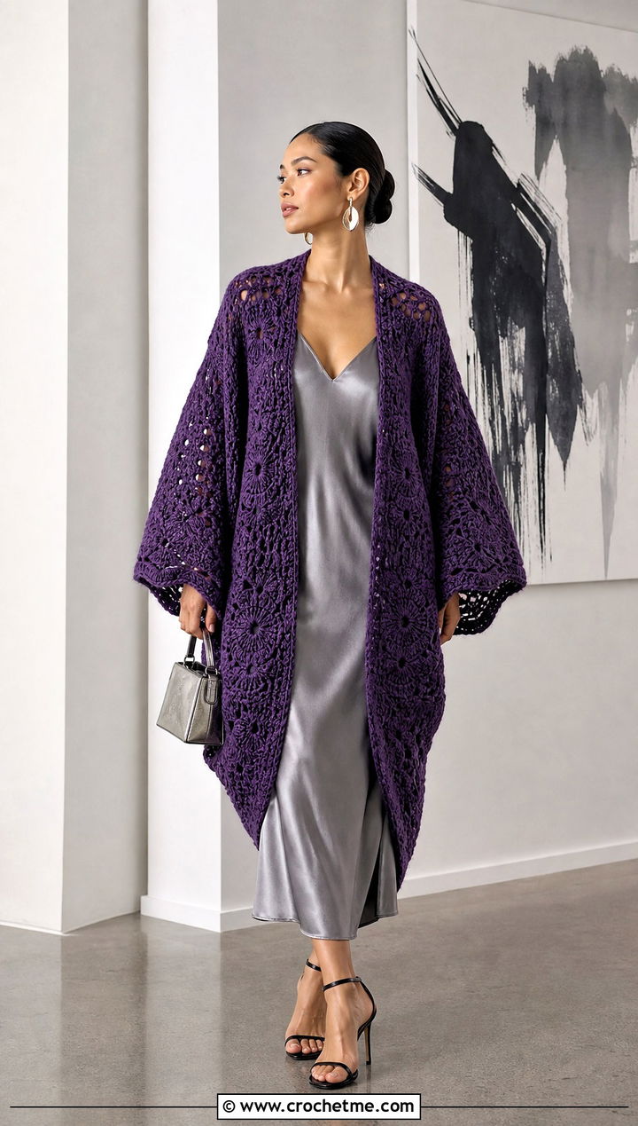 Oversized Octagon Crochet Cardigan With Satin Slip Dress - 25 Octagon Crochet Cardigan outfit ideas