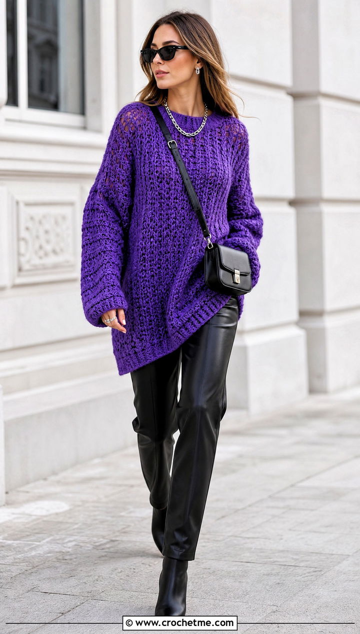 Oversized One Panel Crochet Sweater With Faux Leather Pants - 30 One Panel Crochet Sweater outfit ideas