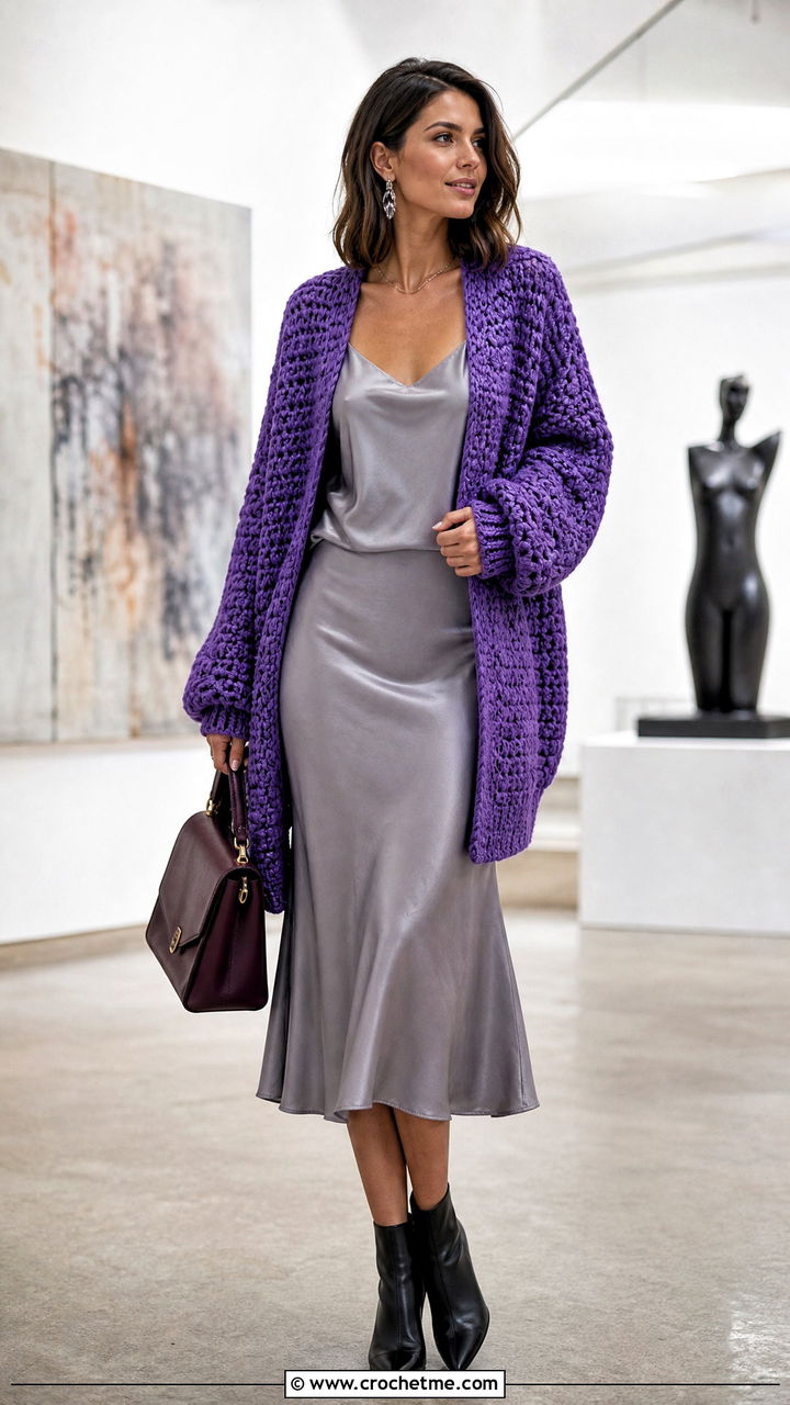 Oversized Open Front Cardigan With Satin Slip Skirt - 35 chunky crochet cardigan outfit ideas