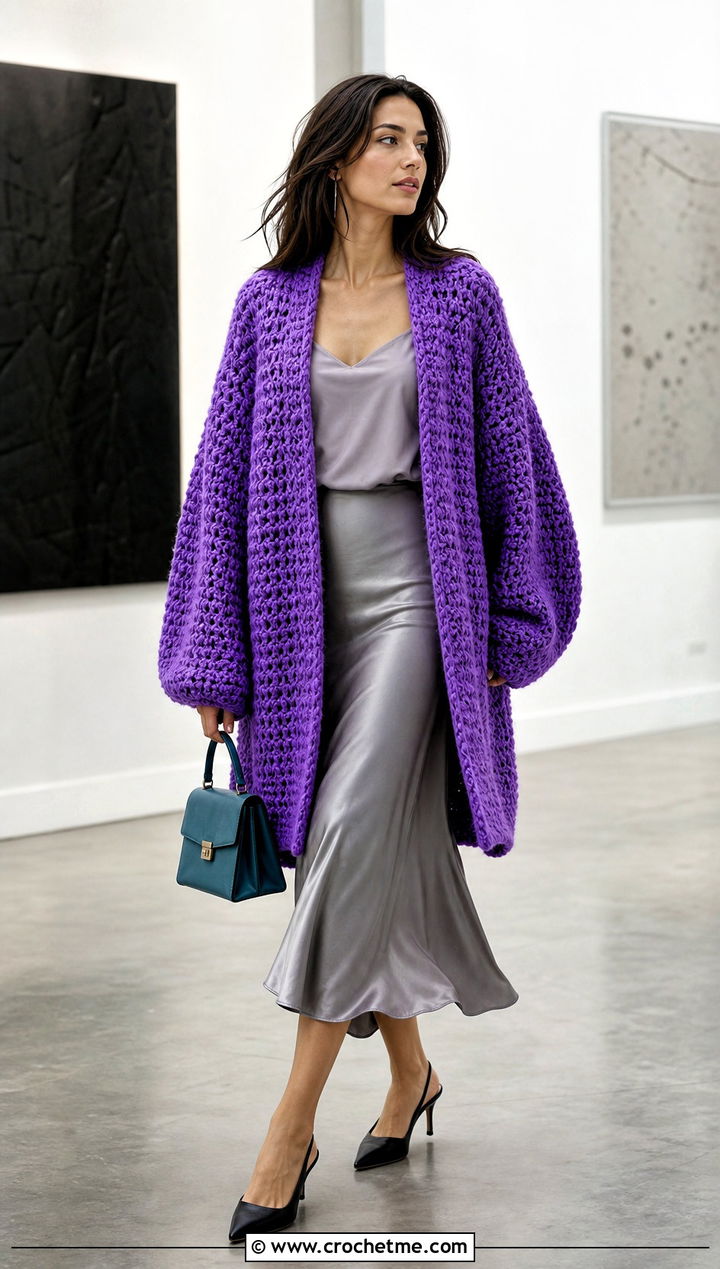 Oversized Open Front Crochet Chenille Cardigan With Satin Skirt - 30 crochet chenille cardigan outfit ideas