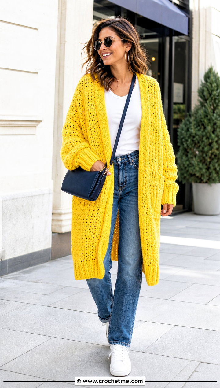 Oversized Open Front Crochet Slouchy Cardigan With Straight Jeans - 20 Crochet Slouchy Cardigan outfit ideas