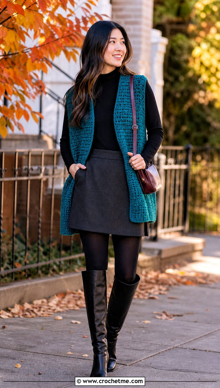 Oversized Open Front Crochet Vest With Mini Skirt And Boots - 25 crochet open front vest outfit ideas