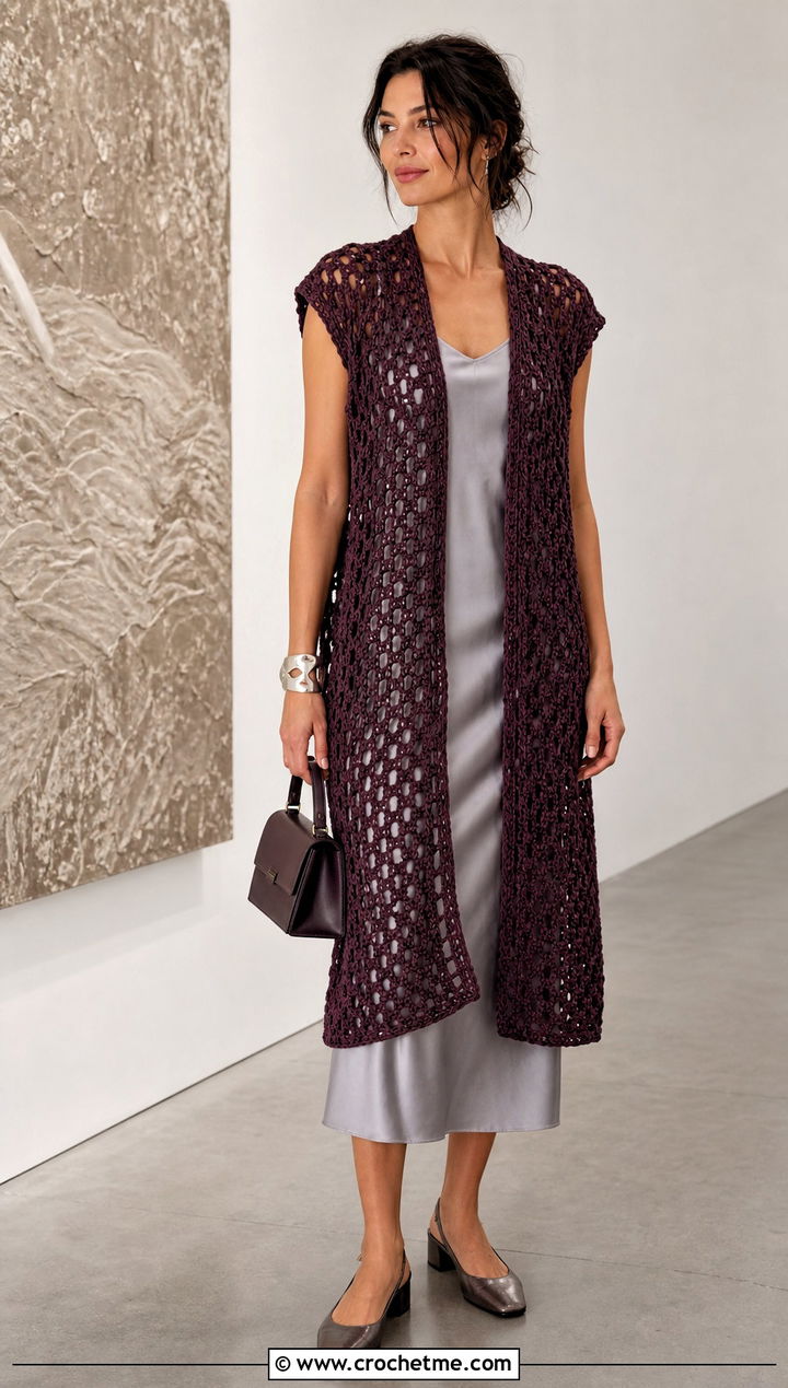Oversized Open Front Crochet Vest With Slip Dress - 30 oversize crochet vest outfit ideas