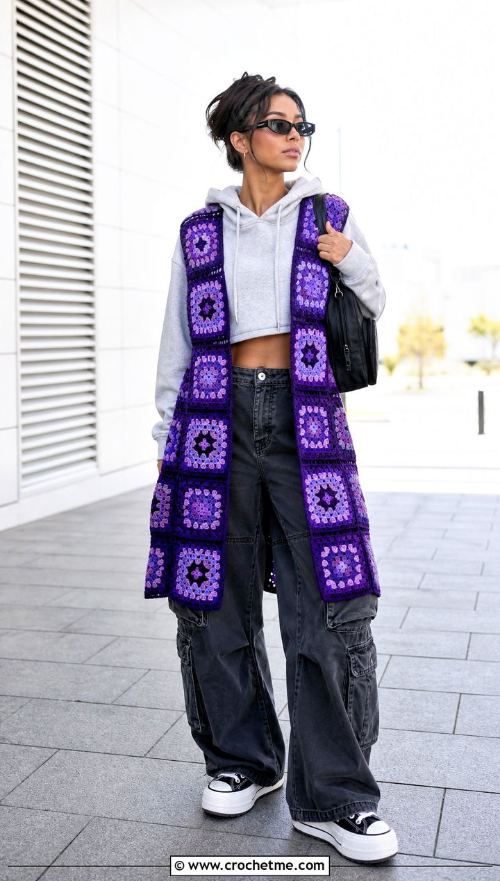 Oversized Open Front Granny Square Long Vest With Hoodie And Cargo Pants - 20 Granny Square Long Vest outfit ideas