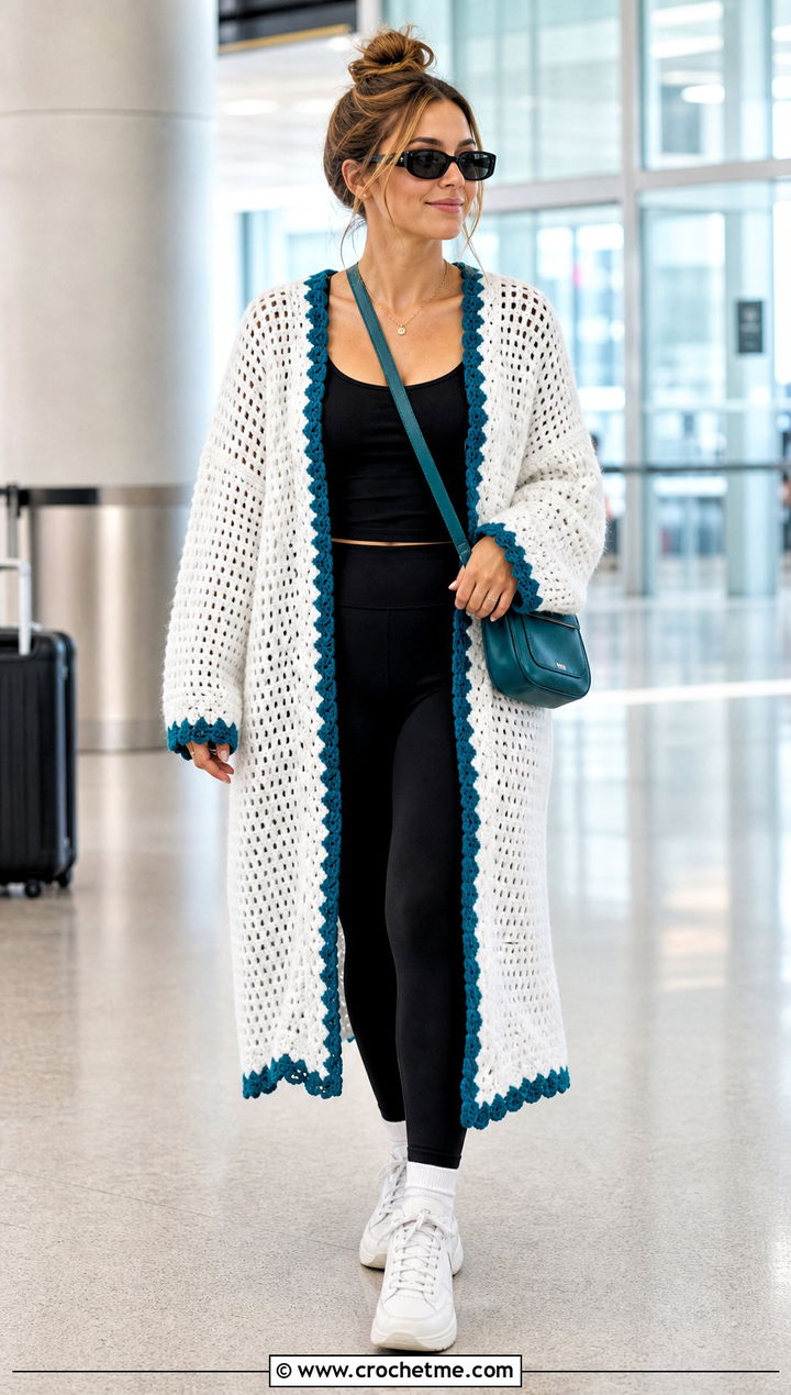 Oversized Open Front White Crochet Cardigan With Black Leggings - 15 white crocheted cardigan on table outfit ideas