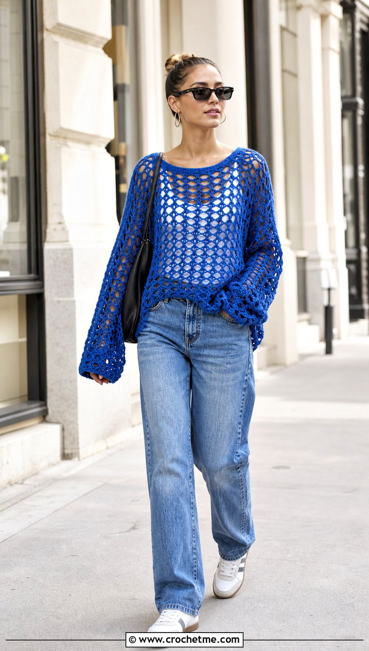 Oversized Open Grid Fishnet Sweater With Straight Leg Jeans - 20 Crochet Fishnet Sweater outfit ideas