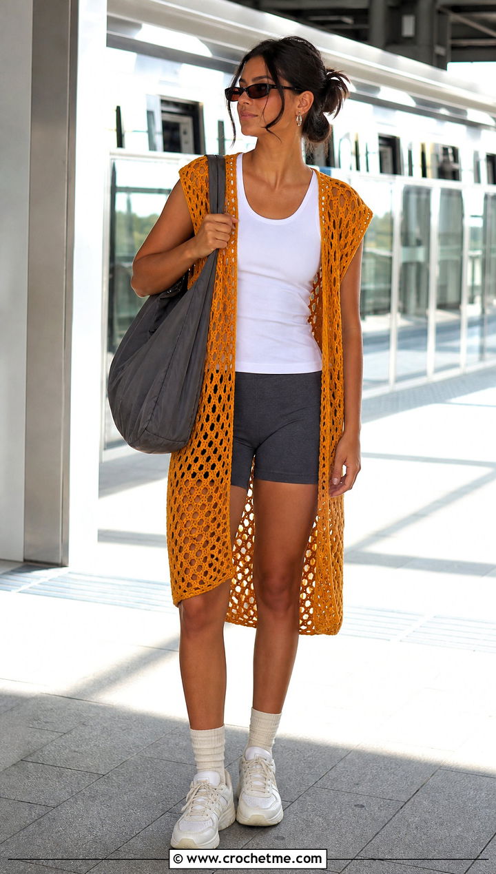Oversized Open Knit Crochet Waistcoat With Biker Shorts - 35 crochet waist coat outfit ideas