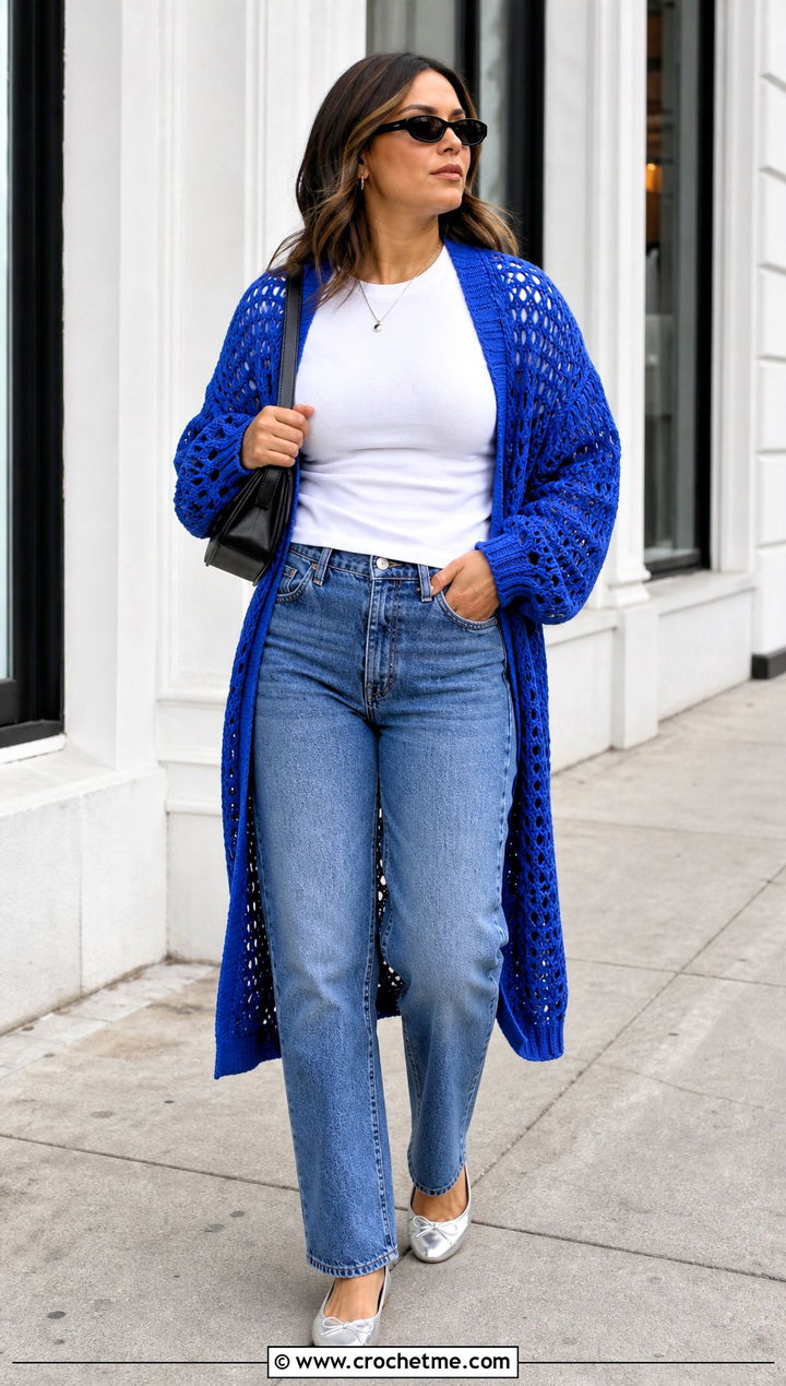 Oversized Open Stitch Crochet Cardigan With Straight Leg Jeans - 15 Ultimate Lounge Crochet Cardigan outfit ideas