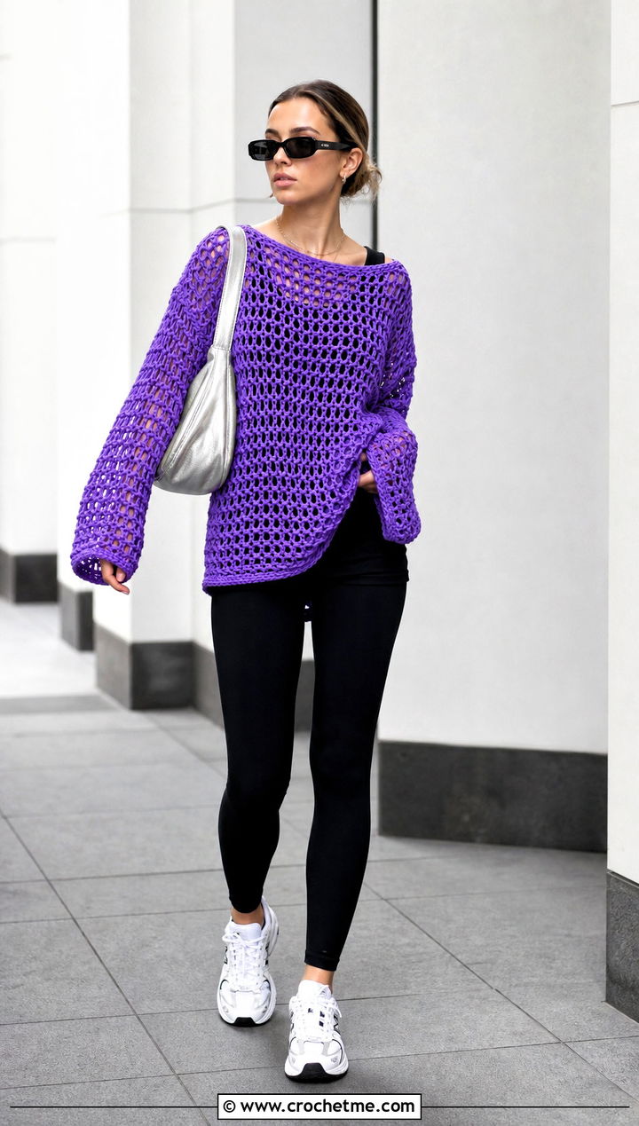 Oversized Open Weave Crochet Pullover With Leggings - 25 women crochet pullover outfit ideas