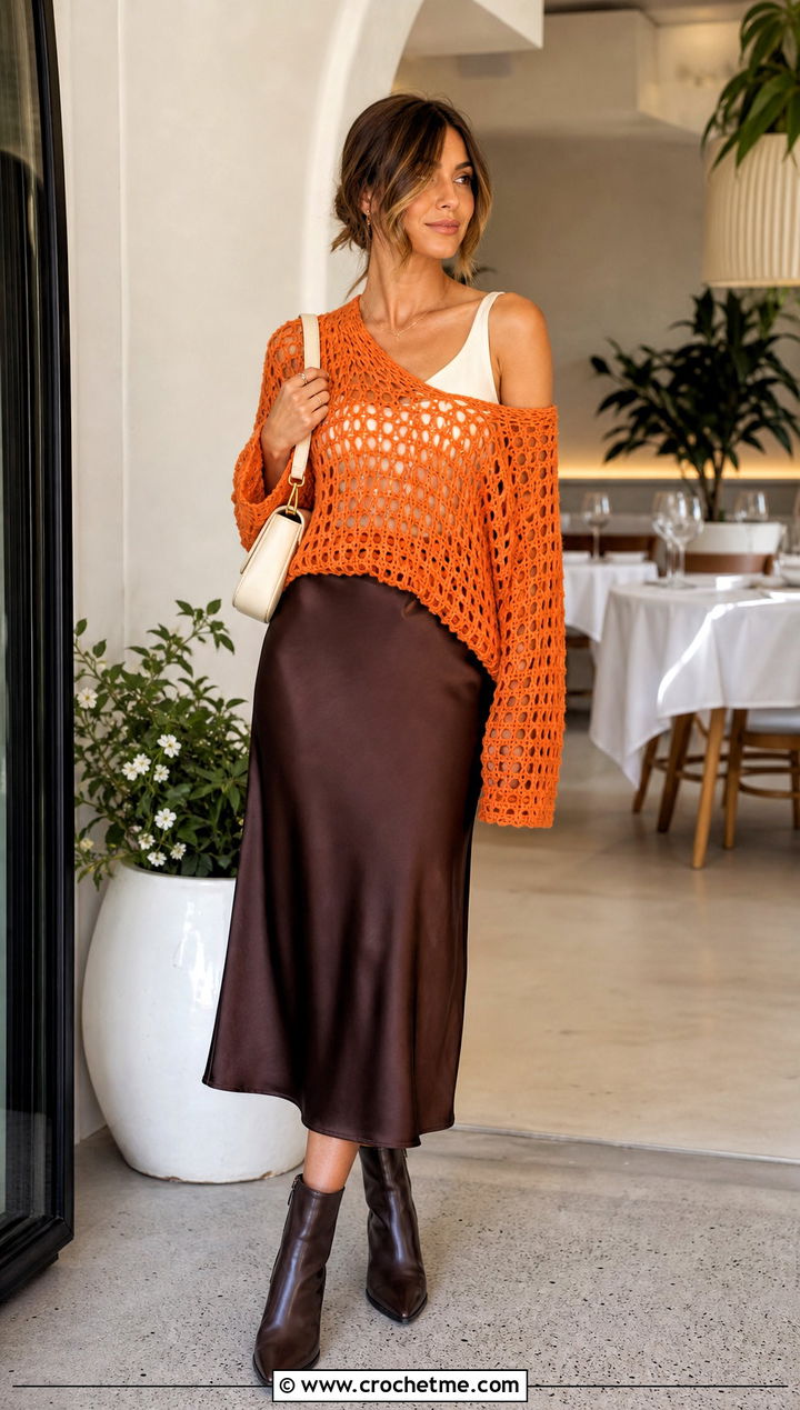 Oversized Open Weave Crochet Sweater With Satin Skirt - 35 cute crochet sweater outfit ideas