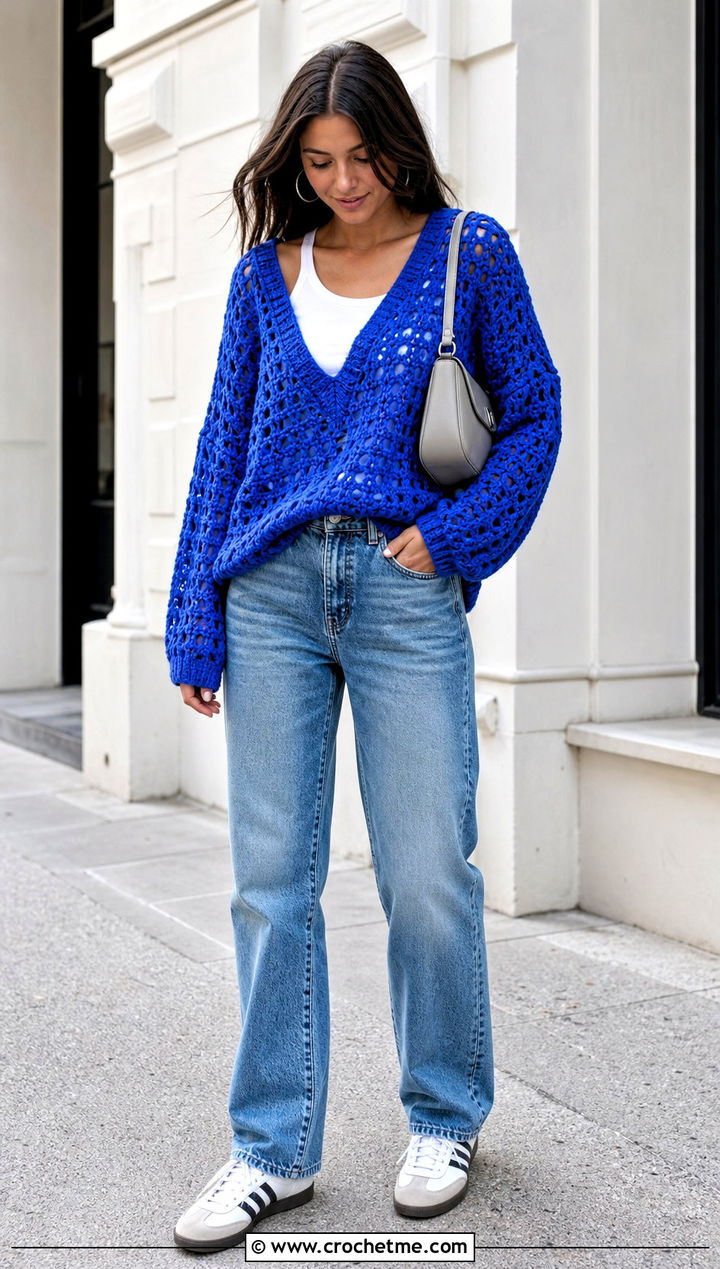 Oversized Open Weave Crochet V Neck Sweater With Straight Leg Jeans - 15 Crochet V Neck Sweater outfit ideas
