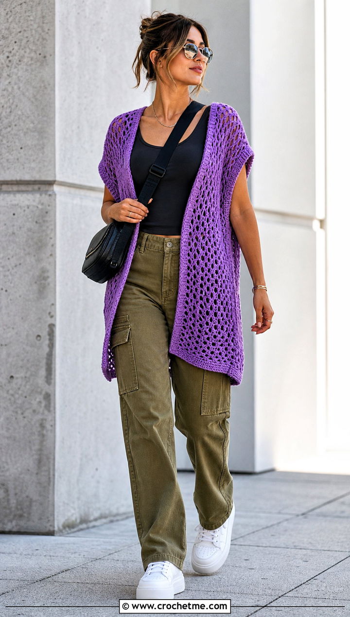Oversized Open Weave Crochet Vest With Cargo Pants - 20 crochet vest outfit aesthetic outfit ideas