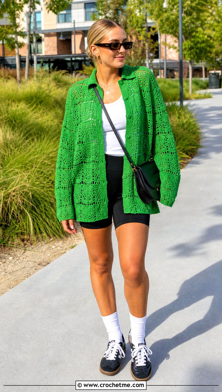 Oversized Openwork Crochet Button Down Shirt With Bike Shorts - 30 crochet button down shirt outfit ideas