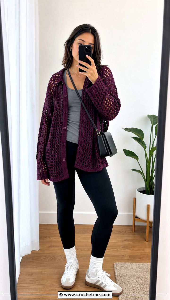 Oversized Openwork Crochet Button Top With Leggings - 30 crochet button top outfit ideas